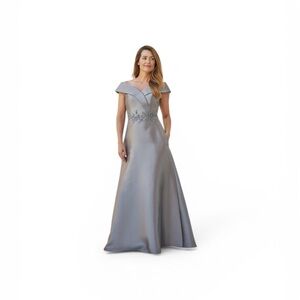 Jade Silver Off-Shoulder Maxi Gown with Embellished Waist